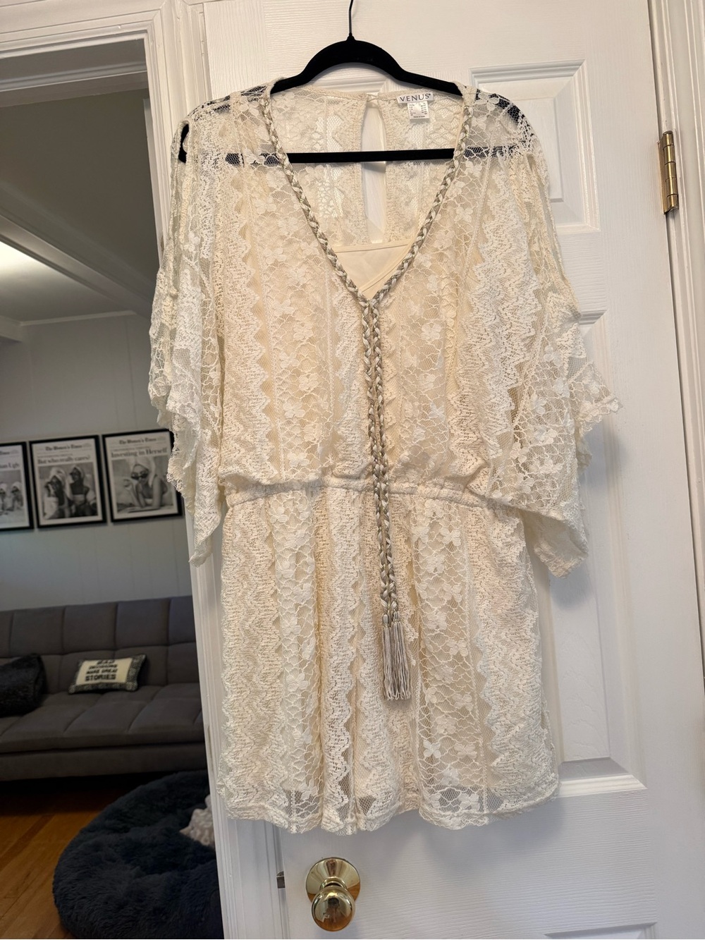VENUS Cream Lace Romper with Braided Tassel
